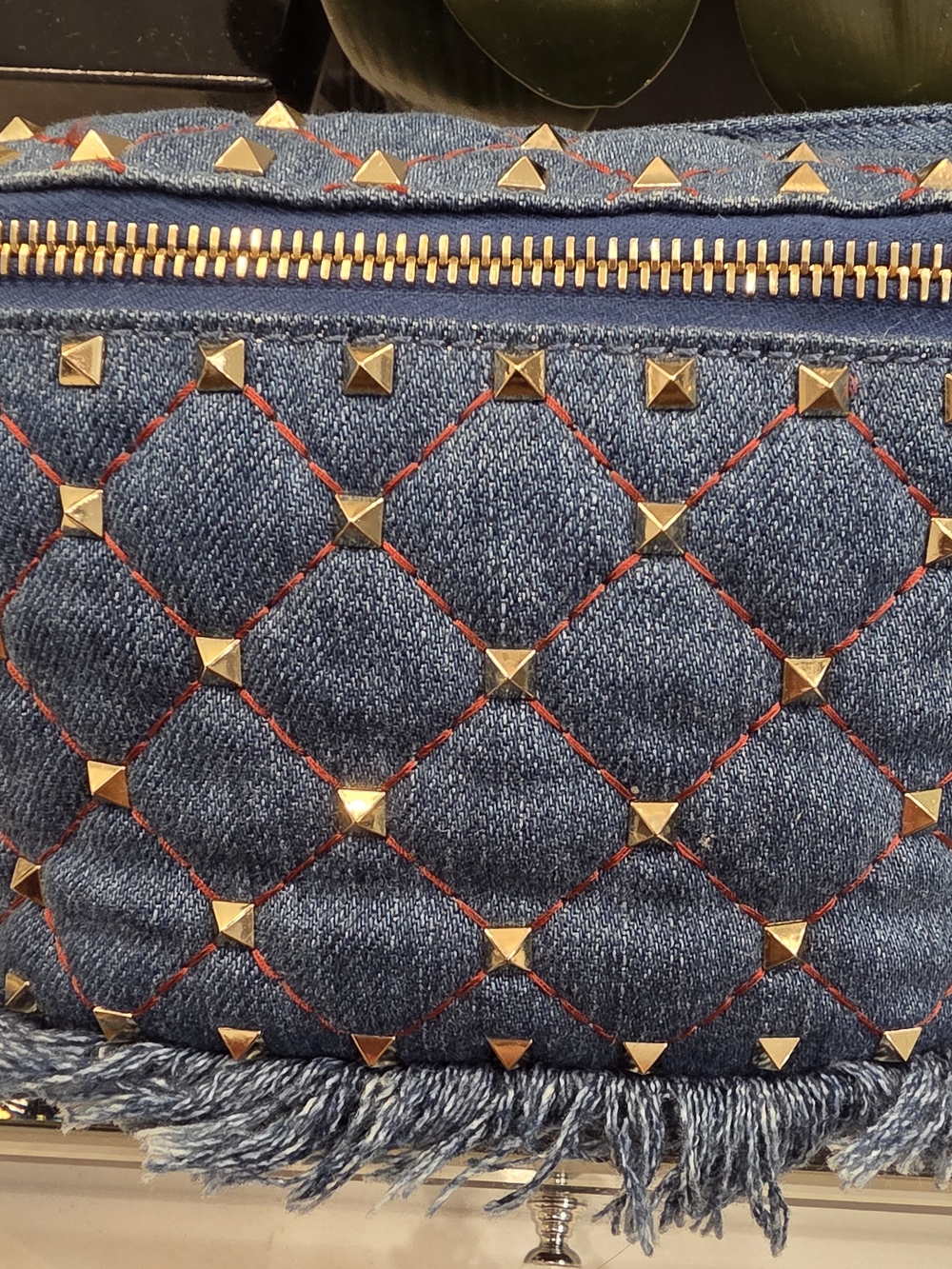 Valentino Garavani Blue Denim Quilted Belt Bag with Gold Studs and Red Stitching